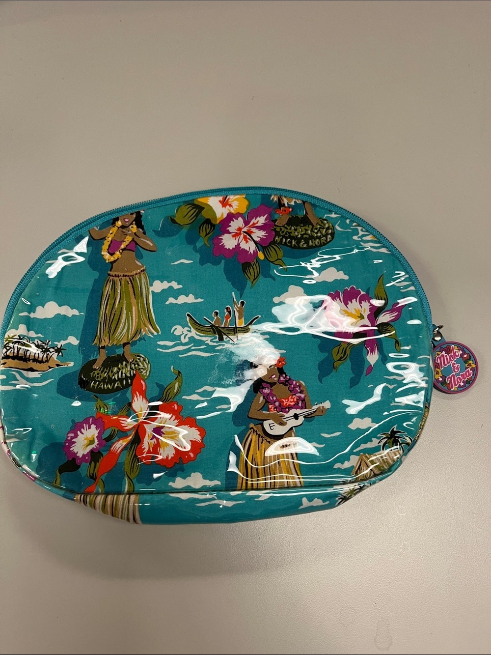Nick & Nora Teal Hawaiian Floral Cosmetic Pouch